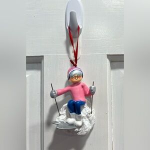 Skier Female Pink Blue White Christmas Tree Holiday Ornament Pre Loved EXCELLENT